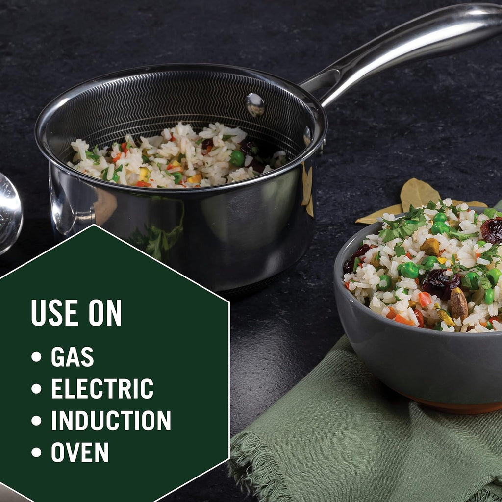 HexClad 1 Quart Hybrid Pot with Glass Lid - Non Stick Saucepan, Easy to Clean, Dishwasher & Oven Safe - Perfect for Making Sauces, Reheating Soups, Stocks, Cooking Grains