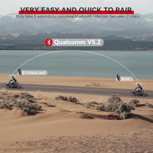 Motorcycle Bluetooth Headset V5.2 with Music Sharing, 2-Way Motorcycle Helmet Bluetooth with IP67 Waterproof, Motorcycle Communication Systems with Hi-FI Speakers for ATV/Snowmobile/Ski, 2 Pack