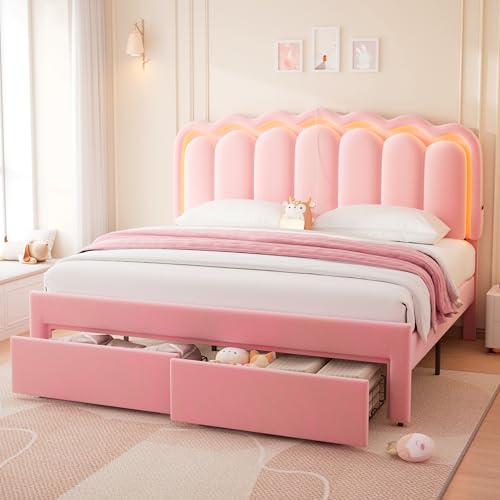 Twin Upholstered LED Bed Frame with Storage Drawer and Adjustable Chic Double Wavy Headboard, Velvet Princess Platform Bed for Kids/Girls, Solid Wood Slats Support, No Box Spring Needed, Beige