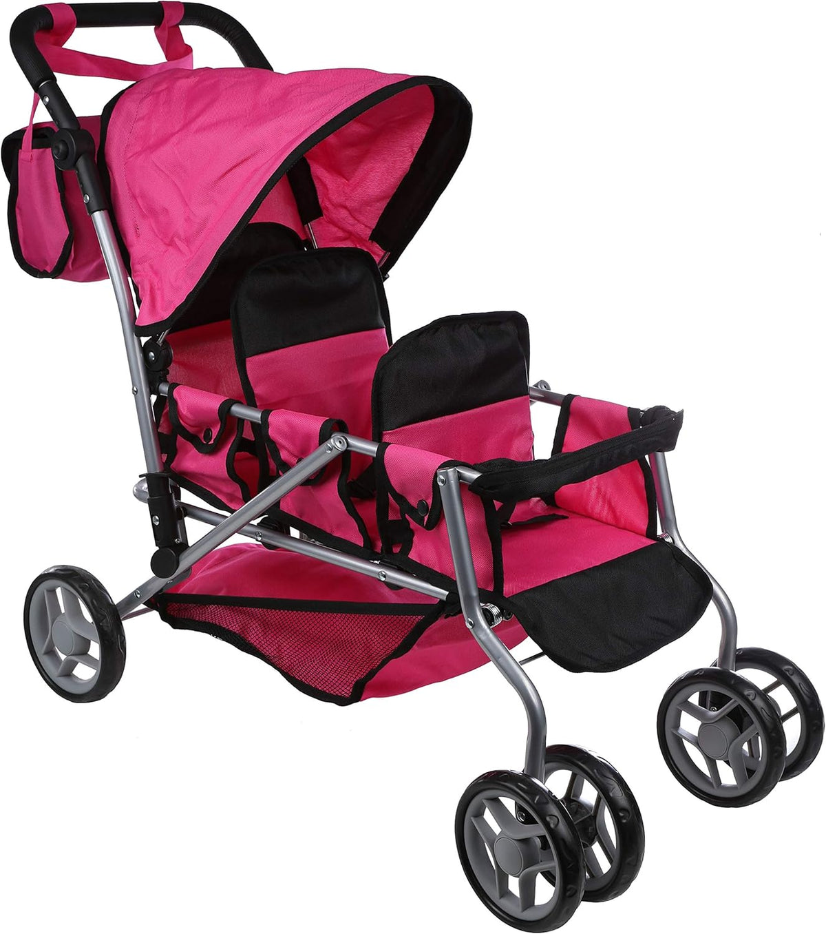 Mommy & Me Triplet Doll Pram Back to Back with Swiveling Wheels & Free Carriage Bag - 9668A