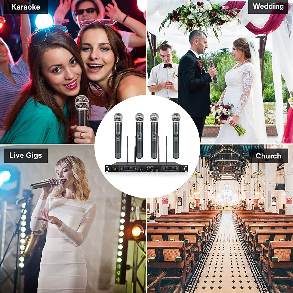 Wireless Microphone System, Phenyx Pro Quad Channel Cordless Mic Set with Metal Handheld Mics, 4x40 Channels, Auto Scan, Long Distance 328ft, Ideal for DJ, Church, Outdoor Events (PTU-7000A)