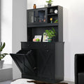 Arlopu Kitchen Pantry Storage Cabinet, Wooden Double Tilt Out Trash Cabinet Freestanding Garbage Bin Holder Recycling Cabinet with Drawers, Shelves