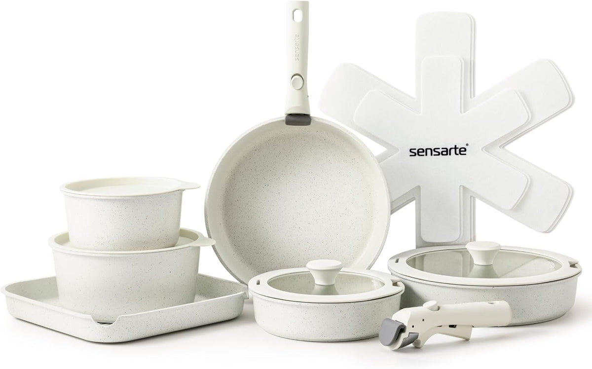 SENSARTE 17 Piece Ceramic Pots and Pans Set, Nonstick Detachable Handle Cookware, Induction Kitchen Cookware Set with Removable Handle, Dishwasher ?? Oven Safe (Gray)