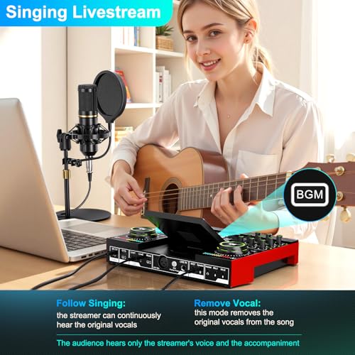 Podcast Microphone Bundle with Live Sound Card Audio Mixer, Podcast Equipment Bundle with 3.5mm Condenser Microphone for Pc/Phone Live Streaming Singing Gaming, Sound Board with Voice Changer, Denoise