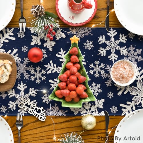 Artoid Mode Navy Blue Snowflakes Christmas Table Runner, Seasonal Winter Holiday Kitchen Dining Table Decoration for Home Party Decor 13x72 Inch