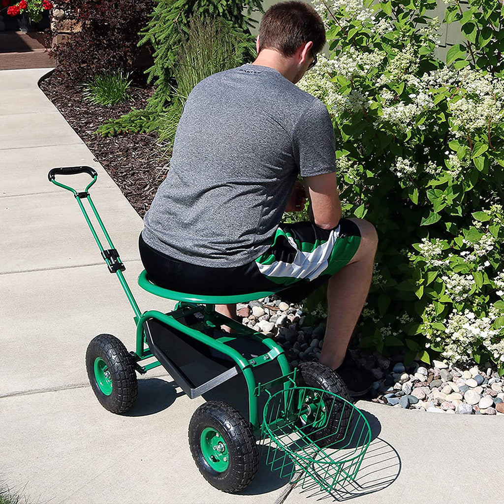 Sunnydaze Garden Cart Rolling Scooter with Extendable Steer Handle?? Swivel Seat and Utility Tool Tray?? Green