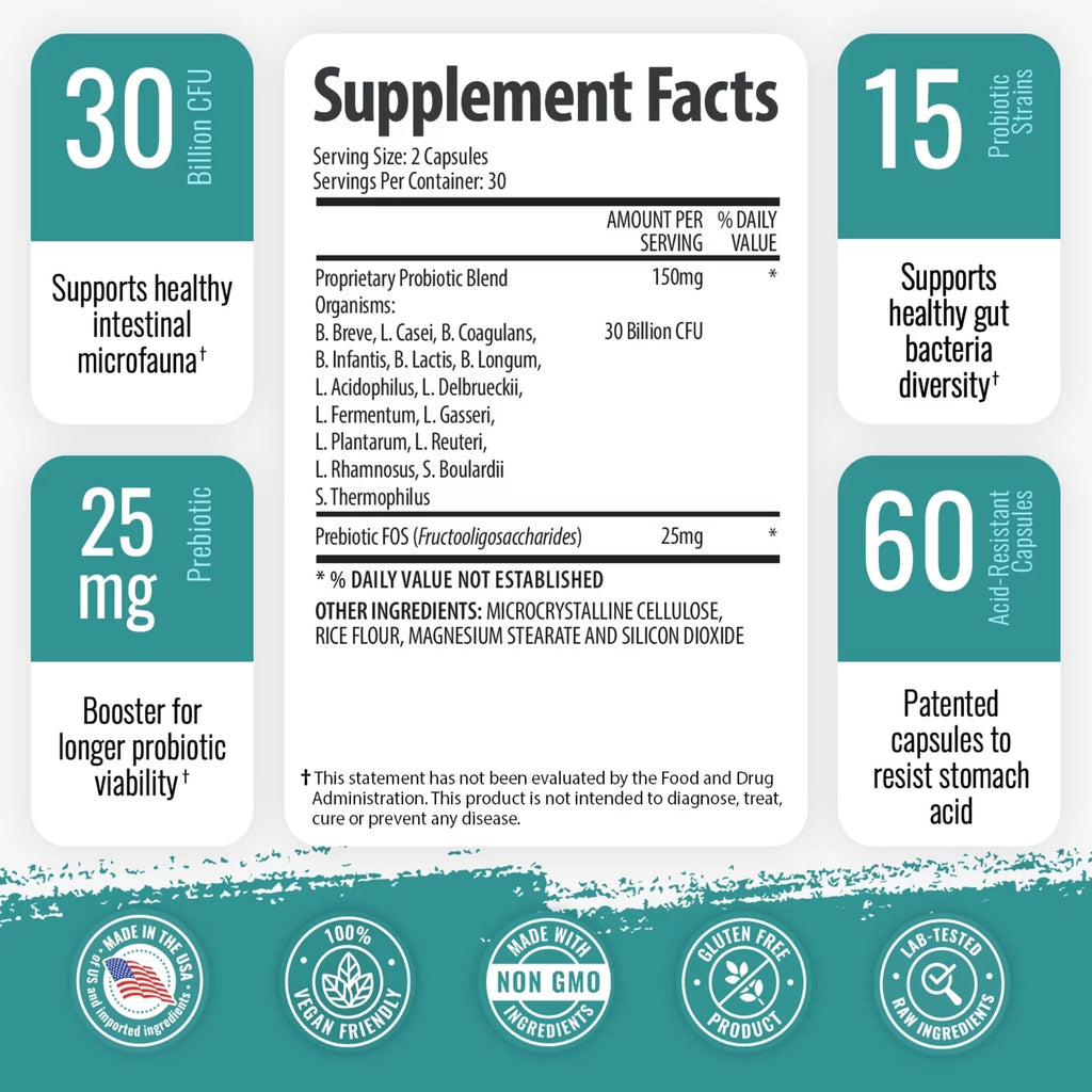 (2 bottles) 1 Body Probiotic 30 Billion CFU Supplement with Prebiotics with 120 Acid Resistant Vegan Capsules to Promote Gut Health & Support Immune System for Men and Women