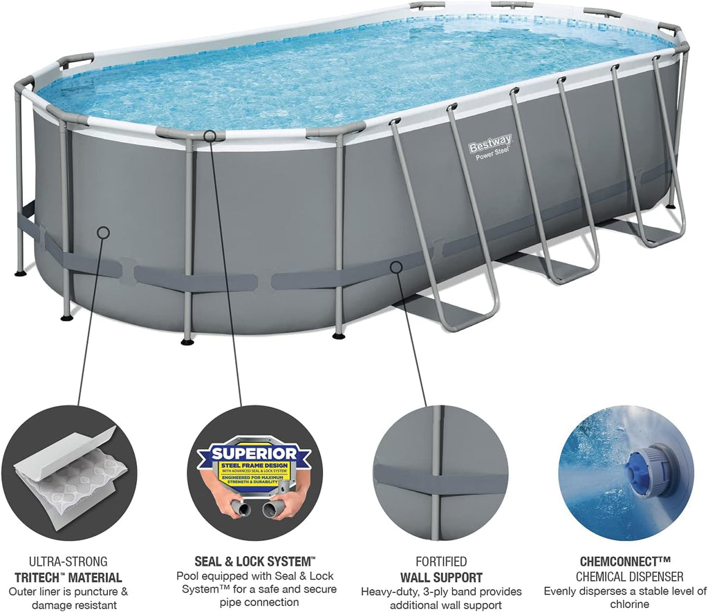 Bestway 56655E Power Steel 16ft x 10ft x 42in Outdoor Oval Frame Above Ground Swimming Pool Set with 1000 GPH Cartridge Filter Pump, Ladder, and Cover