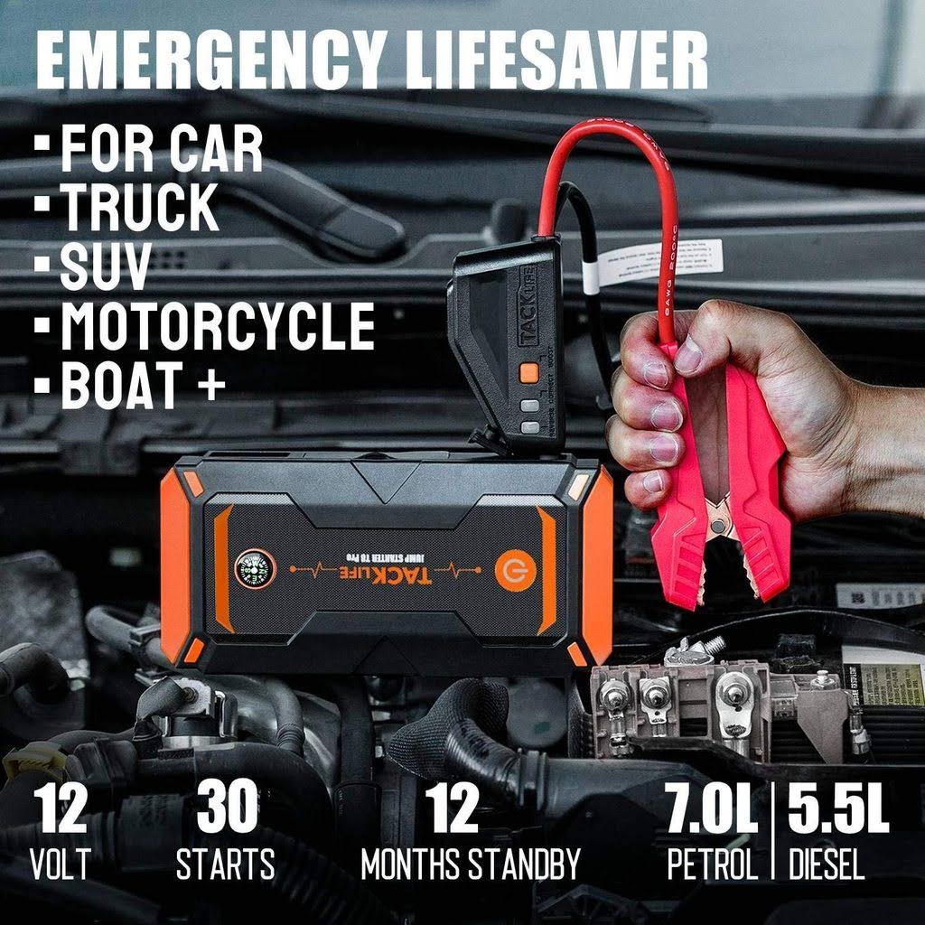 Tacklife T8 Pro 1200A Peak 18000mAh Water-Resistant Car Jump Starter with LCD Screen, Orange