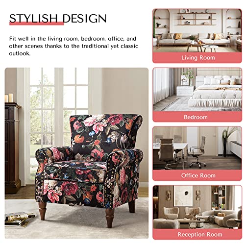 HULALA HOME Modern Wingback Accent Chair with Wood Legs & Removable Cushion, Comfy Upholstered Armchair with Nailhead Trim, Floral Pattern Single Sofa Chair for Living Room Bedroom, Blue