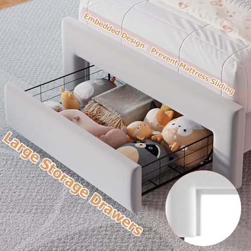 Twin Upholstered LED Bed Frame with Storage Drawer and Adjustable Chic Double Wavy Headboard, Velvet Princess Platform Bed for Kids/Girls, Solid Wood Slats Support, No Box Spring Needed, Beige