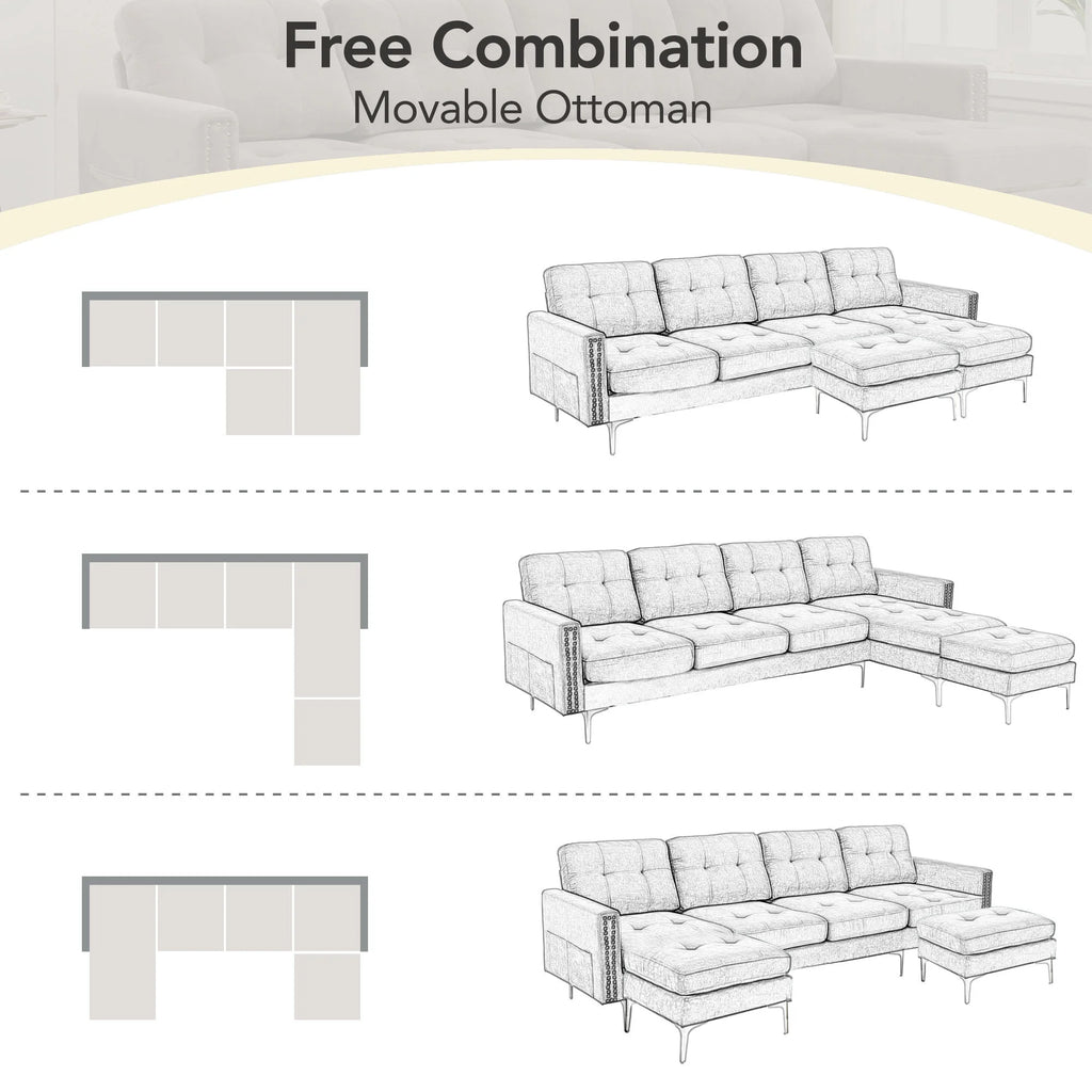 Soges U-Shaped Sectional Sofa with Ottoman, Convertible Couch for Living Room, 5 Seater Sofa, Gray, 110x54
