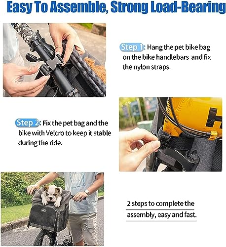 Dog Bike Basket Carrier, Pet Bicycle Front Carrier Backpack for Bike Riding Foldable Removable, Reflective Strips, 2 Side Storage Pockets, Pet Travel Bag for Cats Small Dogs