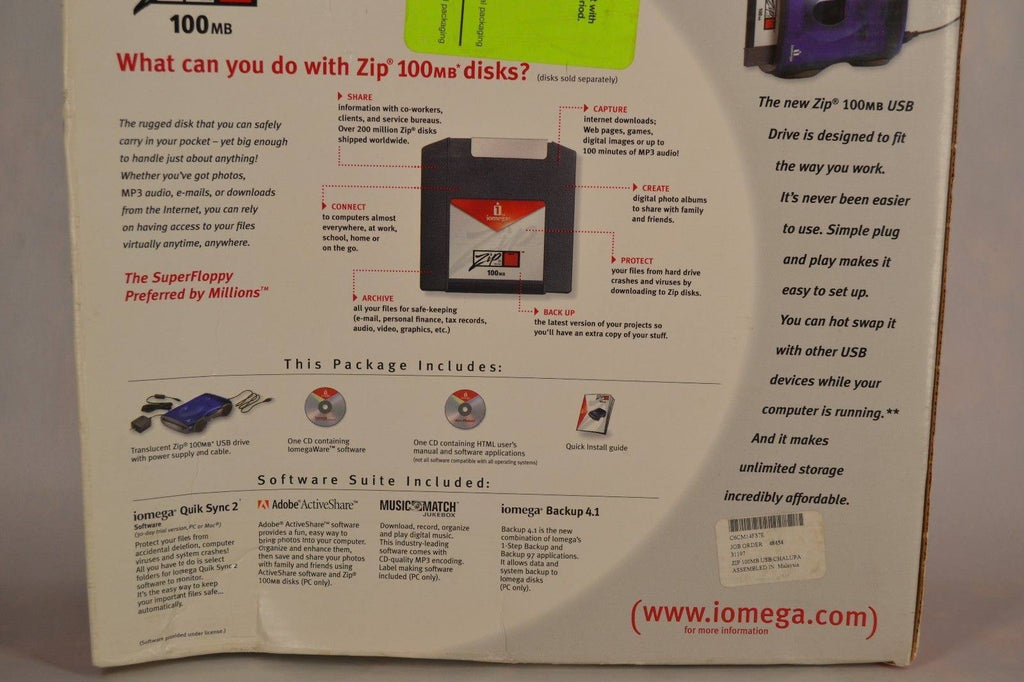 Iomega Zip 100 MB USB External Zip Drive with USB, Power Cord and 3 100Mb Discs