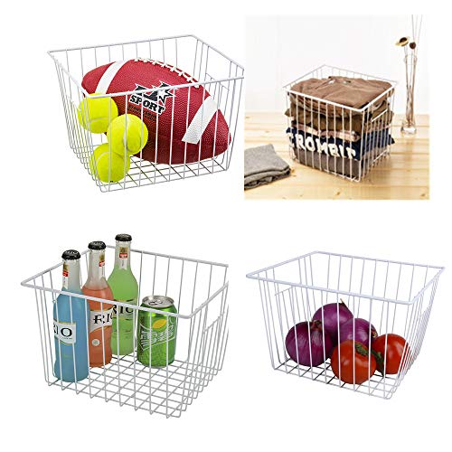 Freezer Wire Baskets, Kitchen Storage Organizer Bins for Chest and Upright Freezer, Refrigerator Dividers Containers with Handles - Pearl White (3)