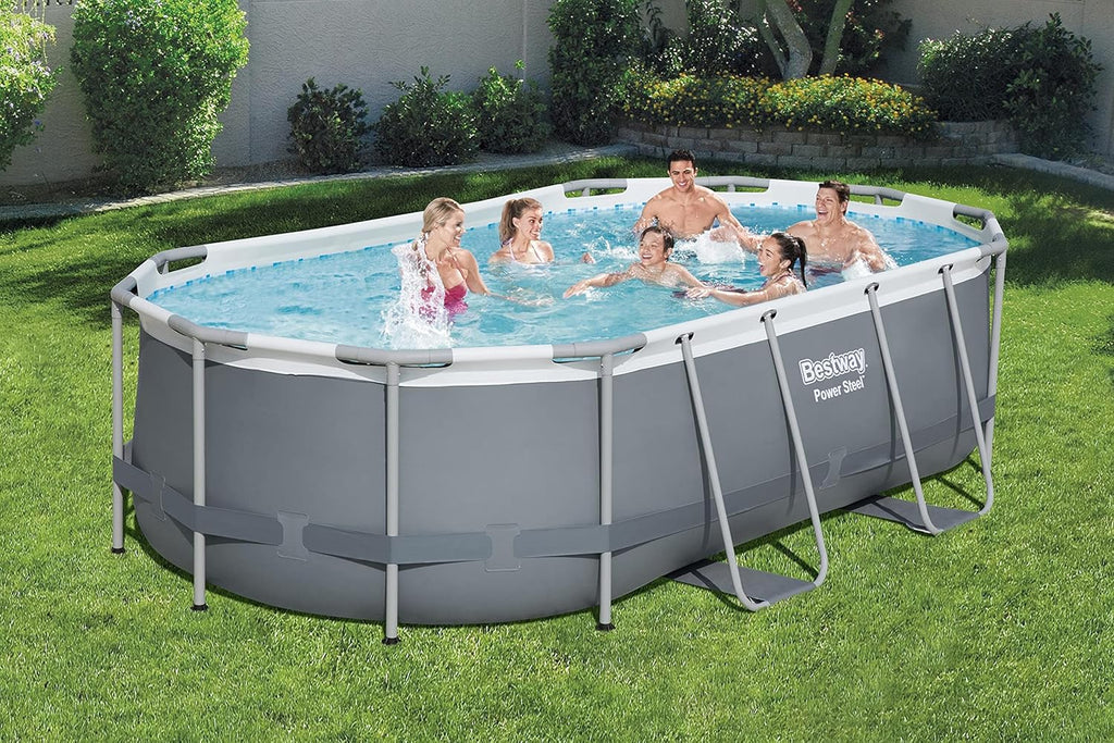 Bestway 56655E Power Steel 16ft x 10ft x 42in Outdoor Oval Frame Above Ground Swimming Pool Set with 1000 GPH Cartridge Filter Pump, Ladder, and Cover