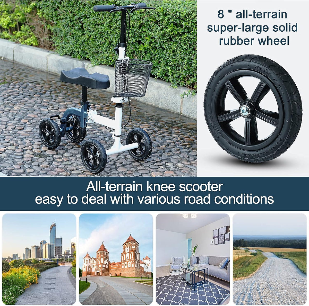 RINKMO Knee Scooter,All-Terrain Foldable Knee Scooter Walker Economical Knee Scooters for Foot Injuries Best Crutches Alternative (White+Blue)