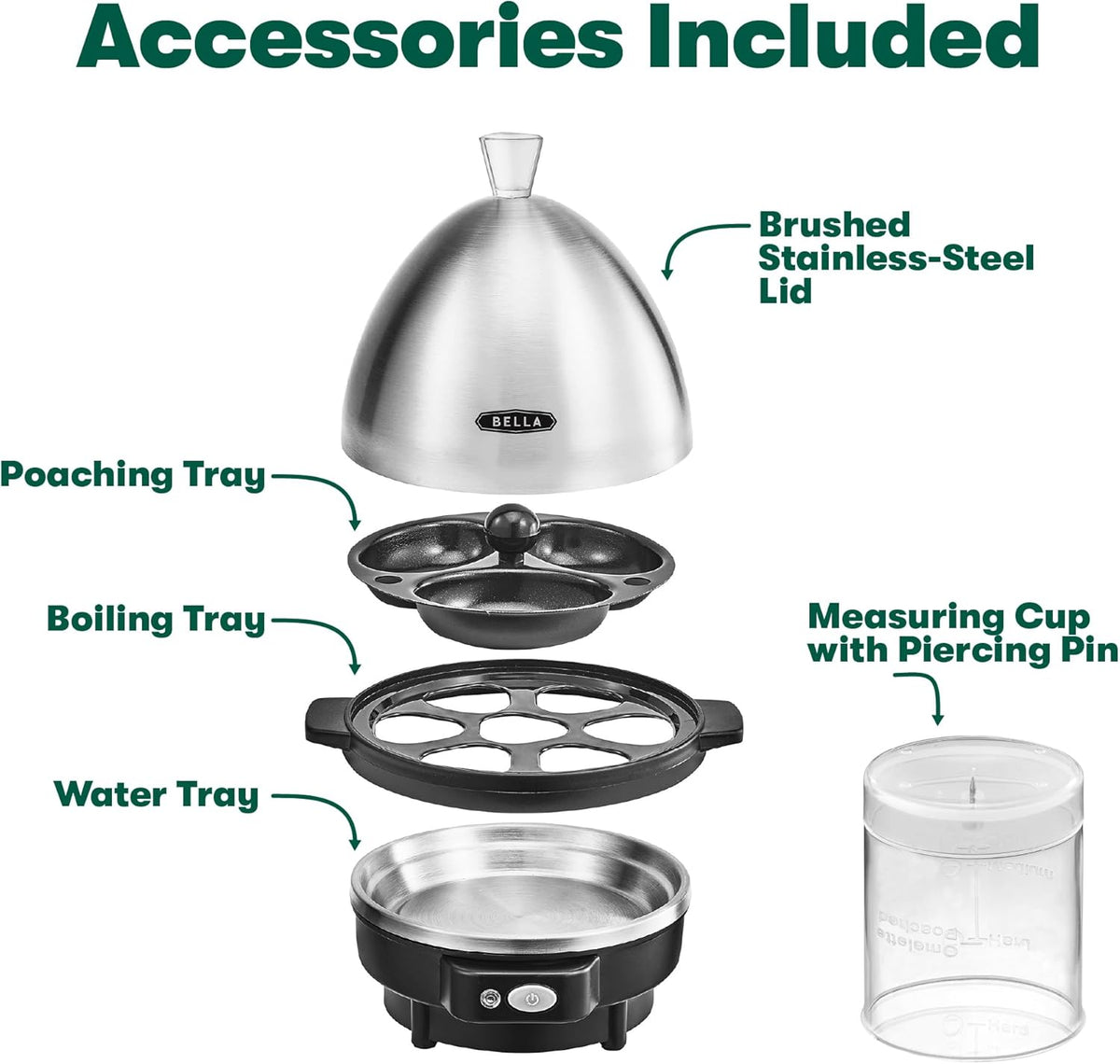 BELLA Rapid Electric Egg Cooker and Omelet Maker with Auto Shut Off, for Easy to Peel, Poached Eggs, Soft, Medium and Hard-Boiled Eggs, 7 Egg Capacity Tray, Single Tier, Black & Steel
