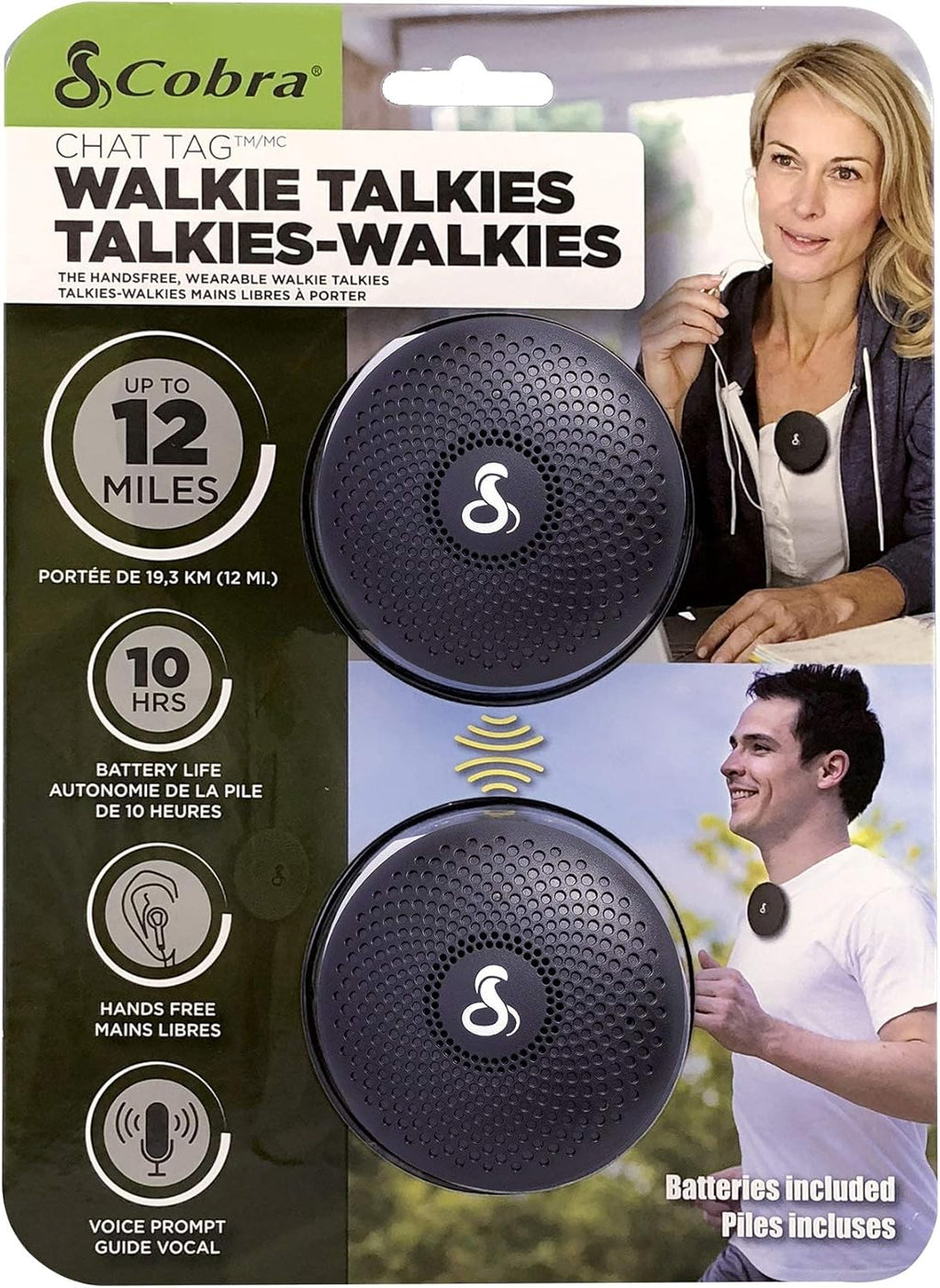 Cobra ACT120B Chat Tag Curve Wearable Walkie Talkies - Push to Talk, Rechargeable, Up to 12-Mile Two Way Radio Set (2 Pack)