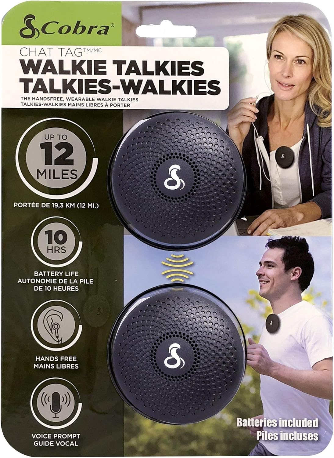 Cobra ACT120B Chat Tag Curve Wearable Walkie Talkies - Push to Talk, Rechargeable, Up to 12-Mile Two Way Radio Set (2 Pack)