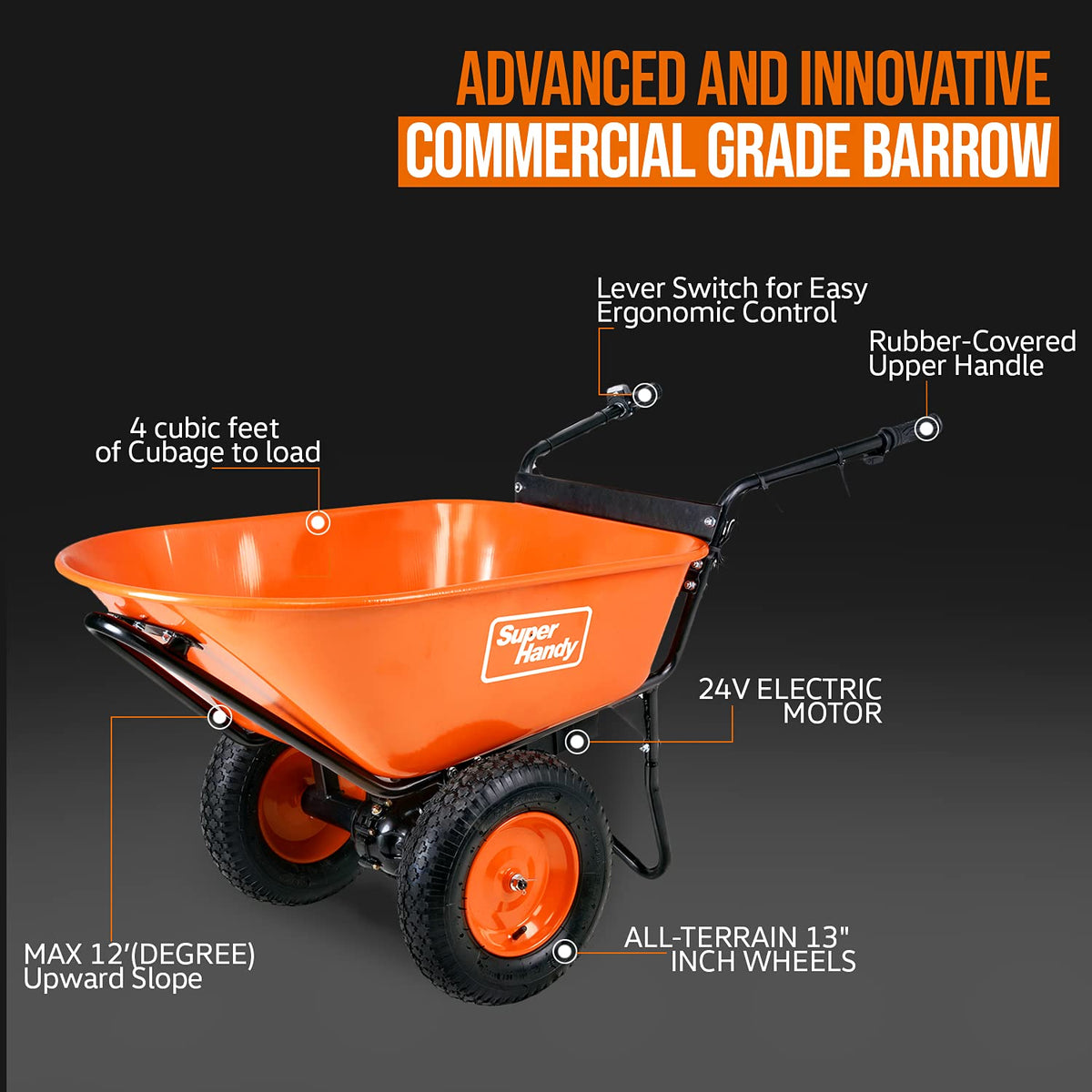 SuperHandy Wheelbarrow Utility Cart Electric 24V DC 330lbs Max Load Barrel Dump Material Debris Hauler (Amazon Exclusive)