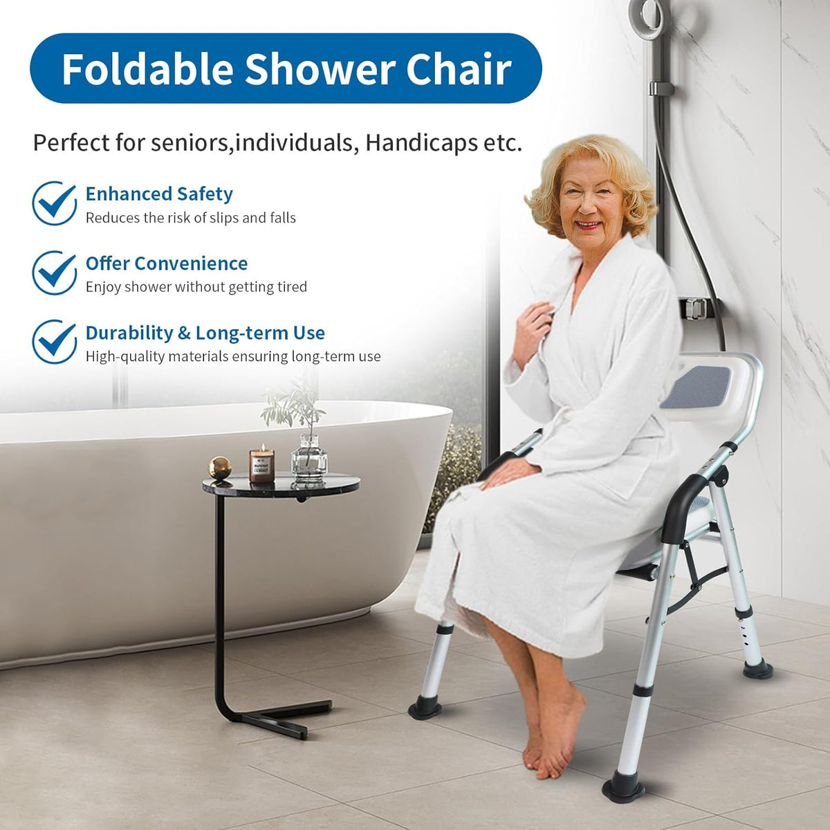 Shower Chair for Elderly & Disabled, Folding Shower Chair Seat with Arm and Back, Inside Shower Chair, Foldable Bathroom Chairs for Sitting, Portable for Travel - Collapsible, Compact & Comfortable