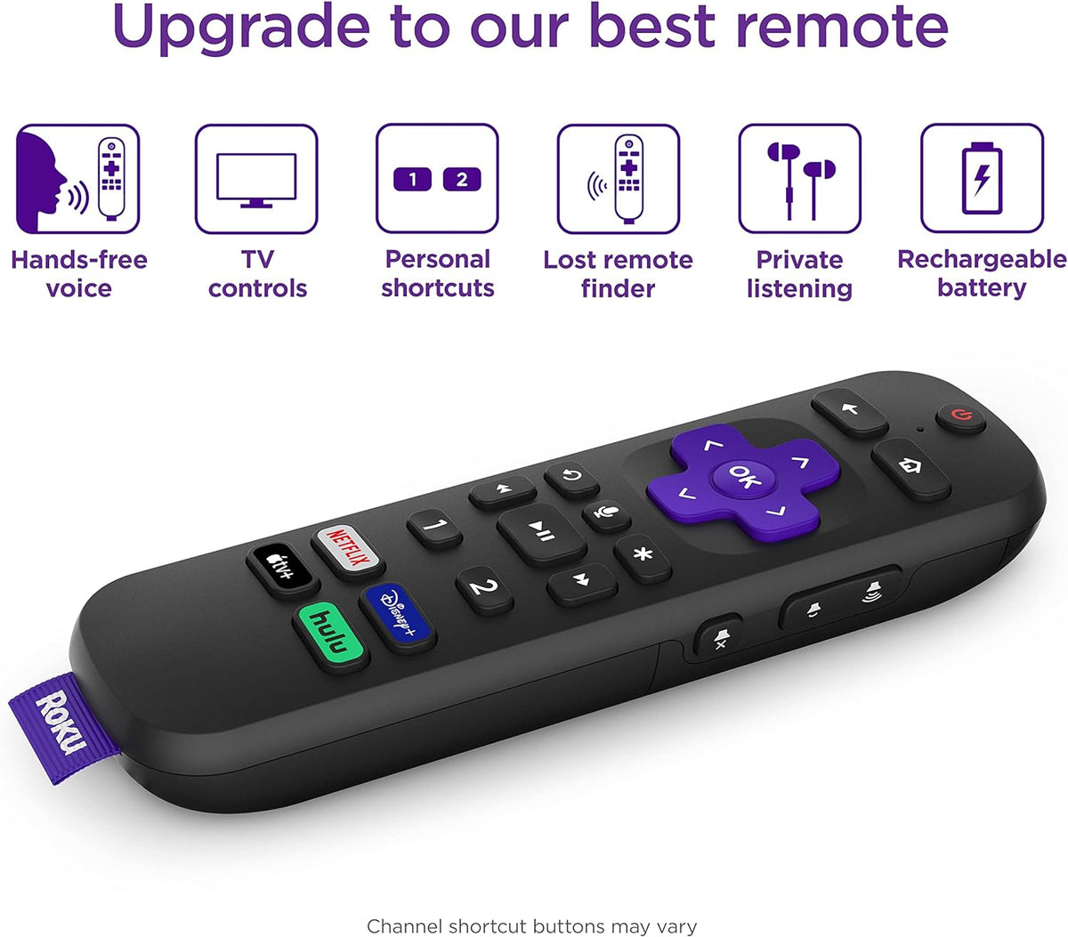 Roku Voice Remote Pro | Rechargeable voice remote with TV controls, lost remote finder, private listening, hands-free voice controls & personal shortcut buttons for Roku players Roku TV, & Roku audio