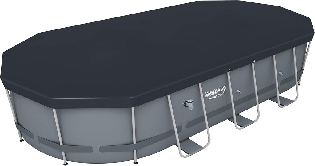 Bestway 56655E Power Steel 16ft x 10ft x 42in Outdoor Oval Frame Above Ground Swimming Pool Set with 1000 GPH Cartridge Filter Pump, Ladder, and Cover