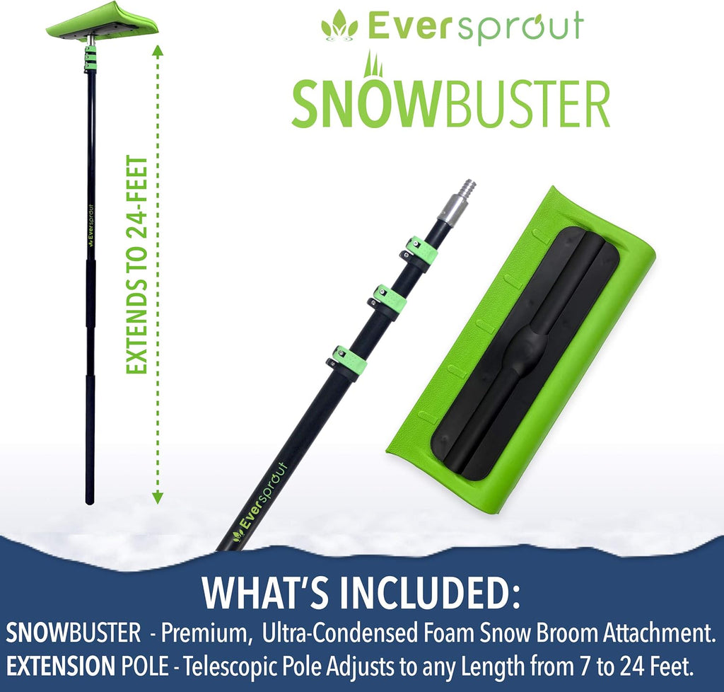 EVERSPROUT Never-Scratch SnowBuster 7-to-24 Foot (Up to 30 Ft Standing Reach) | Pre-Assembled Extendable Roof Rake for Snow Removal | Heavy-Duty Aluminum, Soft Foam Pad | Exclusive Push/Pull Design