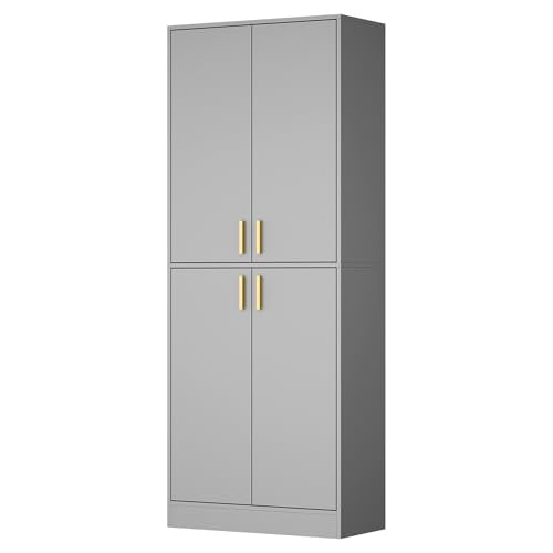 Cozy Castle Kitchen Pantry Cabinet, 71 Tall Wood Storage Cabinet with Doors and Shelves 4 Doors Freestanding Cupboard Utility Hutch for Dining Room Living Room Bathroom Furniture, Gray
