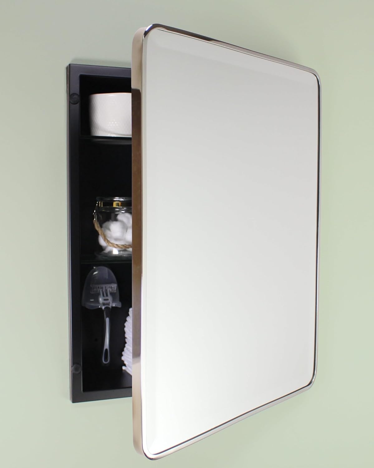16x20 Austin Farmhouse Metal Framed Rounded Rectangle Recessed Bathroom Medicine Cabinet, Beveled Mirror, 14x18 in-Wall Opening, powder-coated Steel, Glass Shelves, Magnet Close, Brushed Nickel