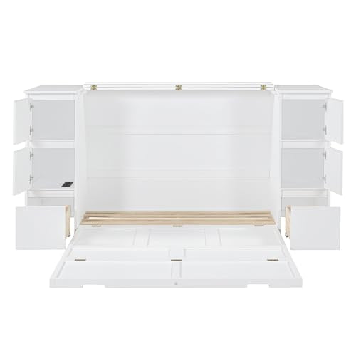 Twin Size Murphy Beds with Charging Station and Storage Drawers, Wood Cabinet Bed Frame, Wall Bed with Outlet & USB Ports for Home Office Studio, White