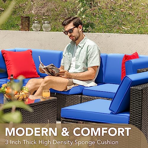Devoko Patio Furniture Sets 6 Pieces Outdoor Sectional Rattan Sofa Manual Weaving Wicker Patio Conversation Set with Glass Table and Cushion (Beige)