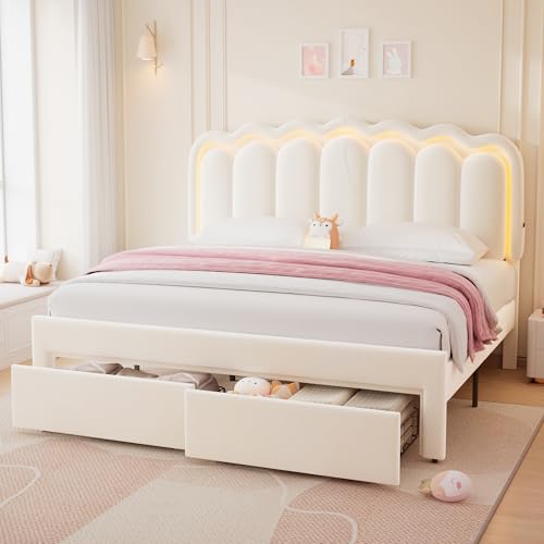 Twin Upholstered LED Bed Frame with Storage Drawer and Adjustable Chic Double Wavy Headboard, Velvet Princess Platform Bed for Kids/Girls, Solid Wood Slats Support, No Box Spring Needed, Beige