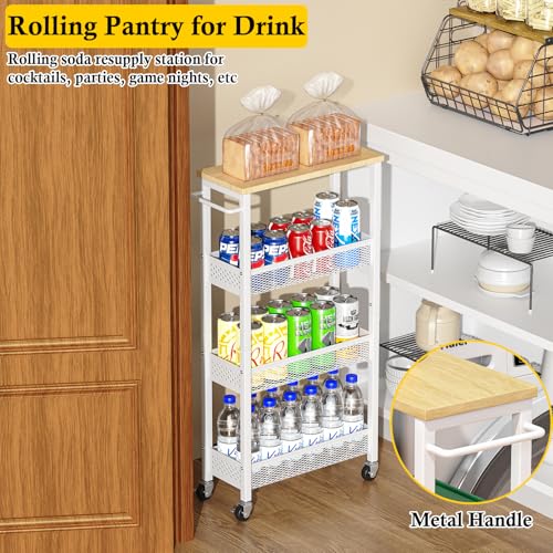 Utility Slim Storage Cart, 4 Tier Small Rolling Kitchen Laundry Room Cart with Wood Top, Metal Narrow Bathroom Storage Cabinet Mobile Shelf Unit Organizer Trolley with Handle for Narrow Space