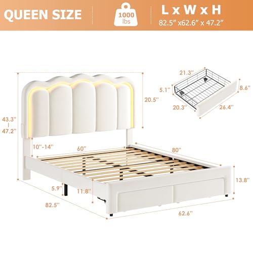 Twin Upholstered LED Bed Frame with Storage Drawer and Adjustable Chic Double Wavy Headboard, Velvet Princess Platform Bed for Kids/Girls, Solid Wood Slats Support, No Box Spring Needed, Beige