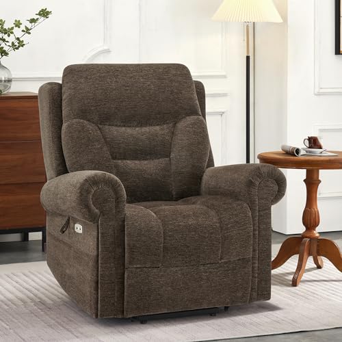 MCombo Triple Motor Power Lift Recliner Chair with Massage and Lumbar&seat Heating, Rolled Arms, Adjustable Headrest for Elderly People, Fabric 7888 (Coffee, Medium)