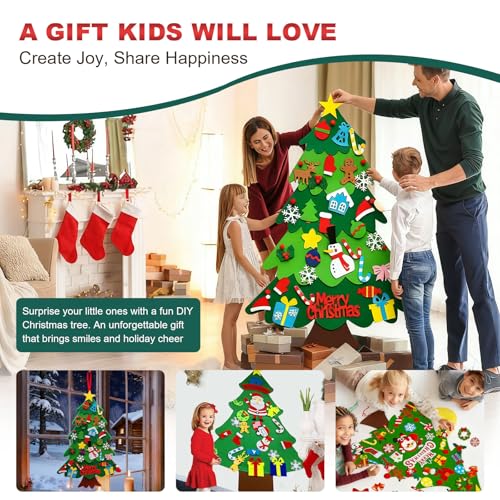 Felt Christmas Tree for Toddlers, 3.2ft DIY Felt Christmas Tree Set, with 5M LED String Lights, 32Pcs Detachable Tree Ornaments, Wall Decor with Hanging Rope for Kids Xmas Gifts Home Door