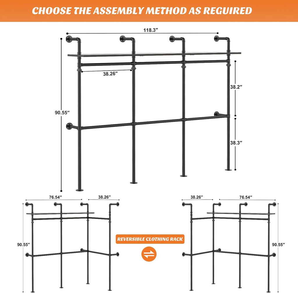 Aheaplus Industrial Pipe Clothing Rack, Reversible 79.7” Clothes Rack for Hanging Clothes, Heavy Duty Garment Racks Closet Wardrobe with LED Lights& Shelves, Walk-in Closet System, Black
