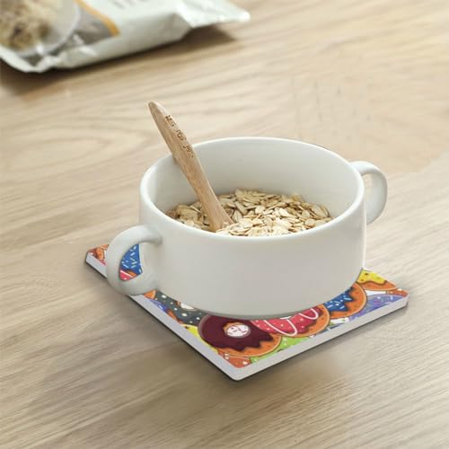 Donuts Square Coasters for Drinks 4 Packs, Absorbent Heat-Resistant Ceramic Stone Coaster Desktop Protector with Cork Base for Kitchen Bar Home Decor, 3.9 Inch