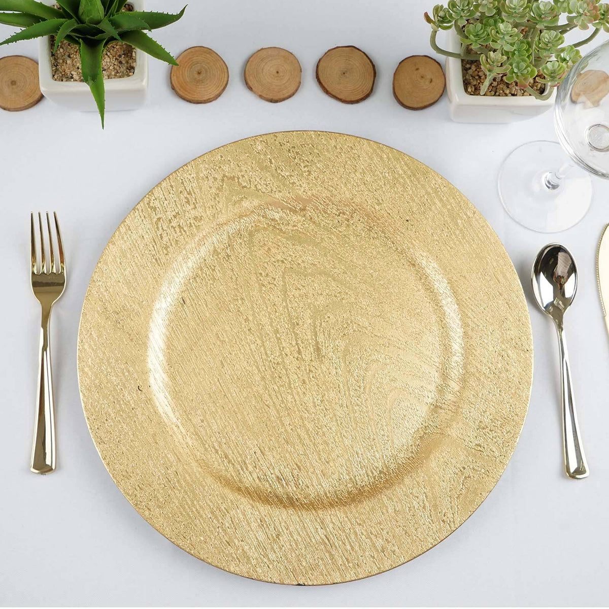 Balsacircle 24 Pcs 13 in Gold Wooden Textured Round Charger Plates - Dinner Party Wedding Supplies for All Holidays