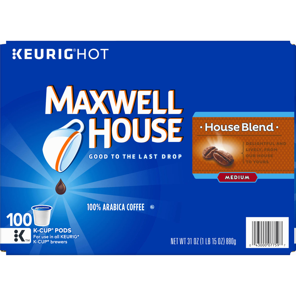 Maxwell House Coffee, 100% Arabica, Medium, House Blend, K-Cup Pods - 100 pods, 31 oz