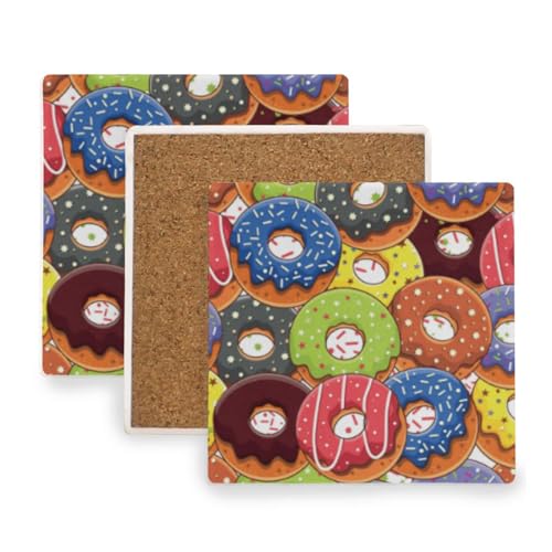 Donuts Square Coasters for Drinks 4 Packs, Absorbent Heat-Resistant Ceramic Stone Coaster Desktop Protector with Cork Base for Kitchen Bar Home Decor, 3.9 Inch