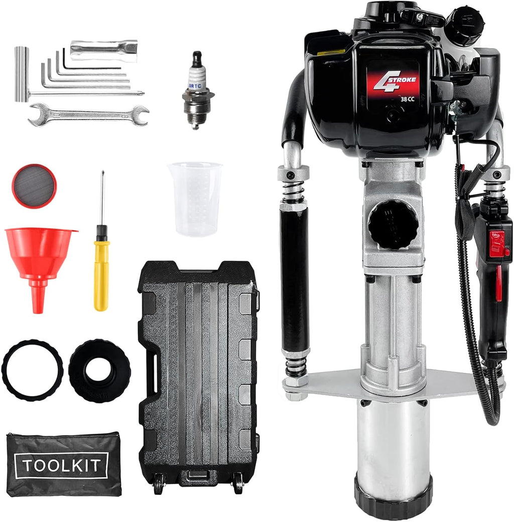 Gas Powered 4-Stroke T Post Driver Hammer Drills, 37.7CC Gasoline Engine Pile Driver, Air Cooling Single Cylinder Gasoline Petrol Garden Fencing Tool Machine with 2 Post Driving Head