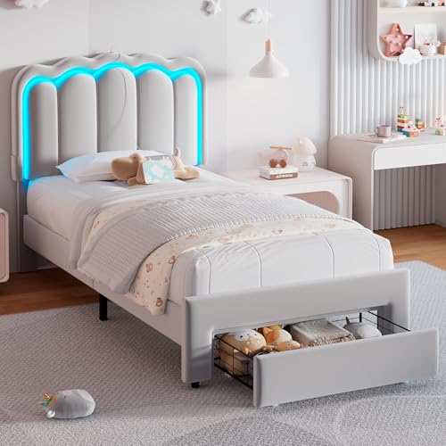 Twin Upholstered LED Bed Frame with Storage Drawer and Adjustable Chic Double Wavy Headboard, Velvet Princess Platform Bed for Kids/Girls, Solid Wood Slats Support, No Box Spring Needed, Beige