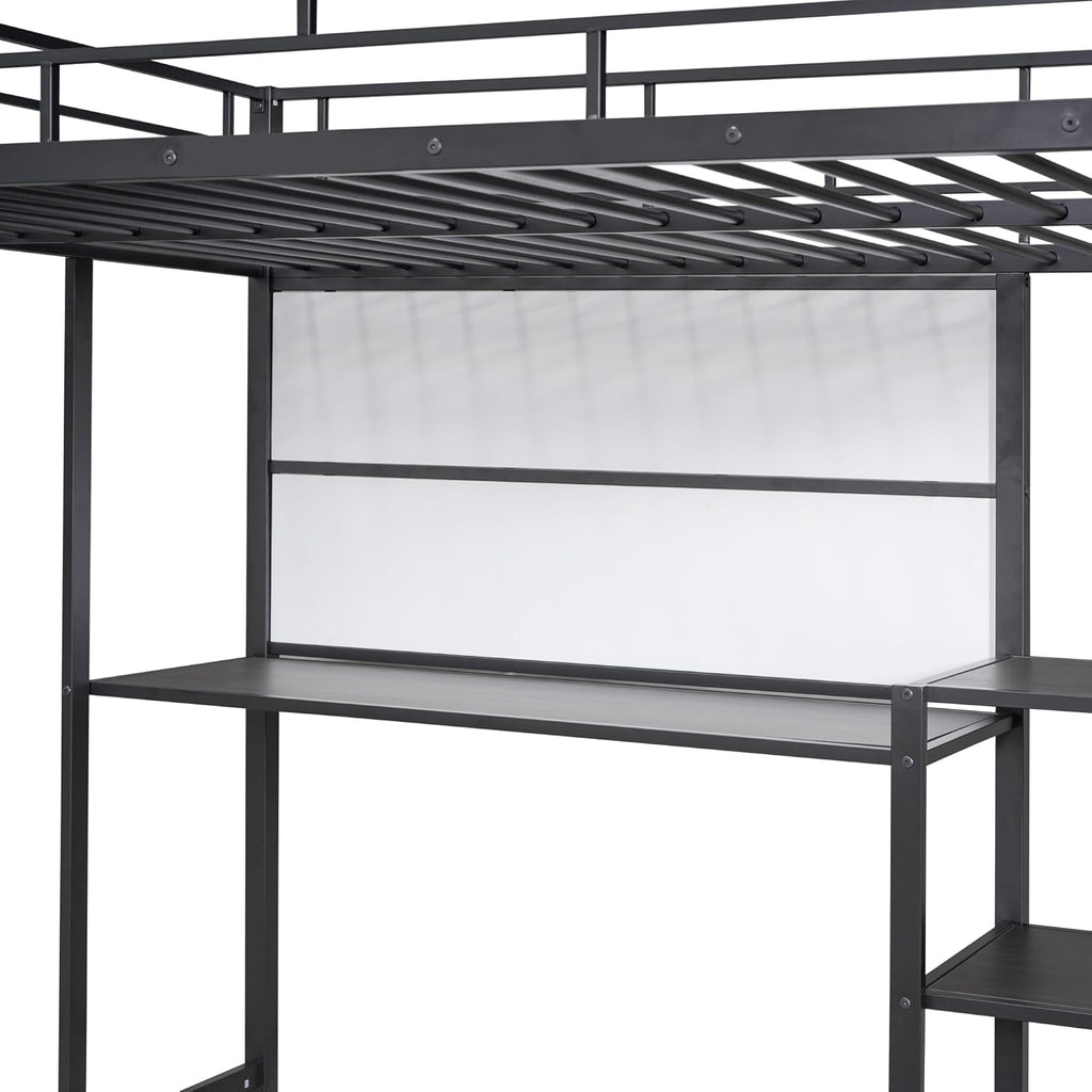 Full Size Metal Loft Bed with Desk, Whiteboard and 3-layer Shelves, Heavy Duty Loftbed w/Storage and Built-in Ladder, for Kids Teens Bedroom Dorm, Black