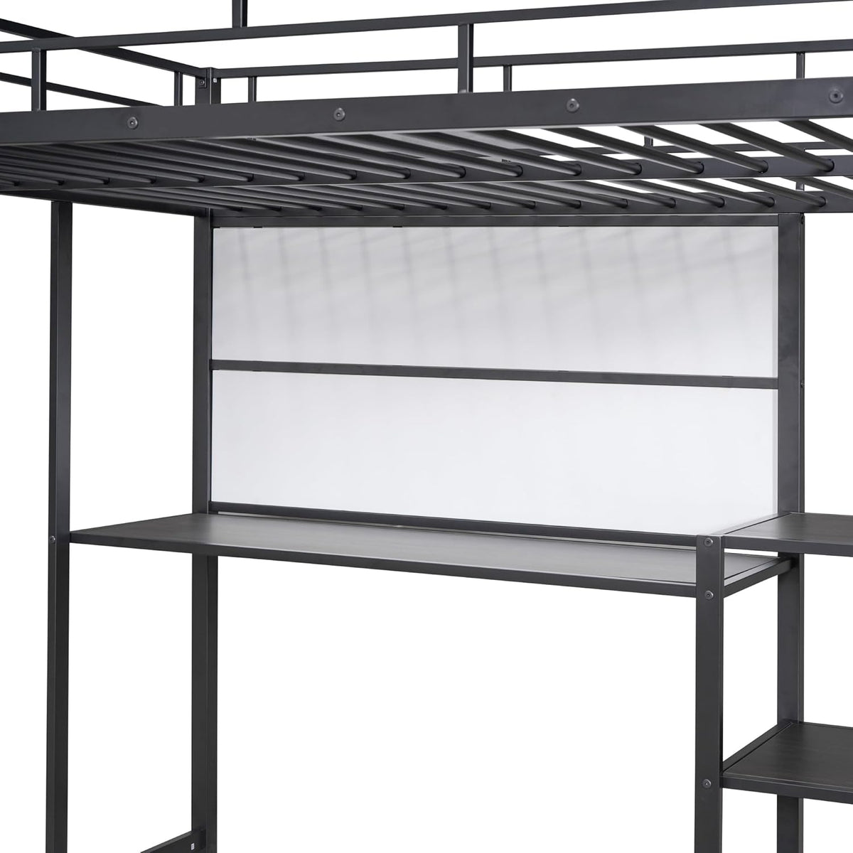 Full Size Metal Loft Bed with Desk, Whiteboard and 3-layer Shelves, Heavy Duty Loftbed w/Storage and Built-in Ladder, for Kids Teens Bedroom Dorm, Black