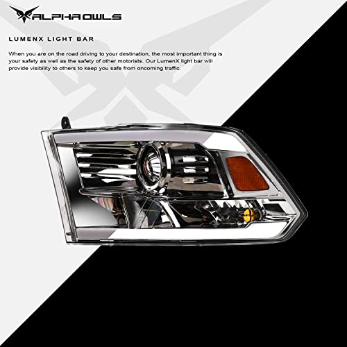 Alpha Owls 8710401 Crystal Headlights With Switchback Sequential LED Light Bar & Startup Light - Black Amber Fits 2009-2018 Dodge Ram 1500 2500 3500/2019-2023 Classic Halogen Models