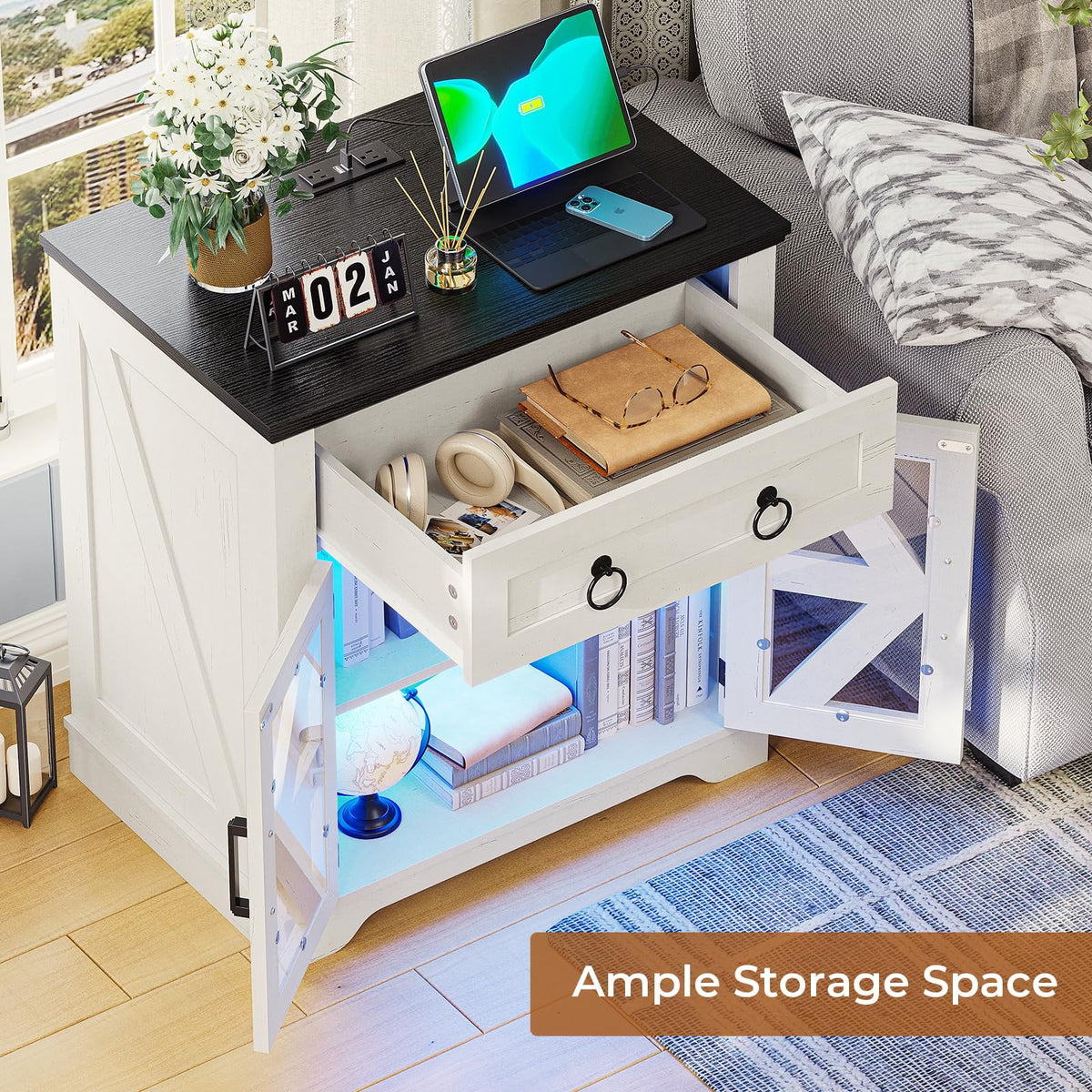 Farmhouse End Table with Charging Station, Side Table with LED Lights, White Night Stand for Living Room, Bedroom