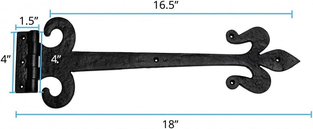 Renovators Supply Manufacturing Black Wrought Iron Door Strap Hinge 18 Long Antique Fleur De Lis Style Rust Resistant Flush Mount Door Hinges for Cabinet Or Barn Doors with Hardware Pack of 2